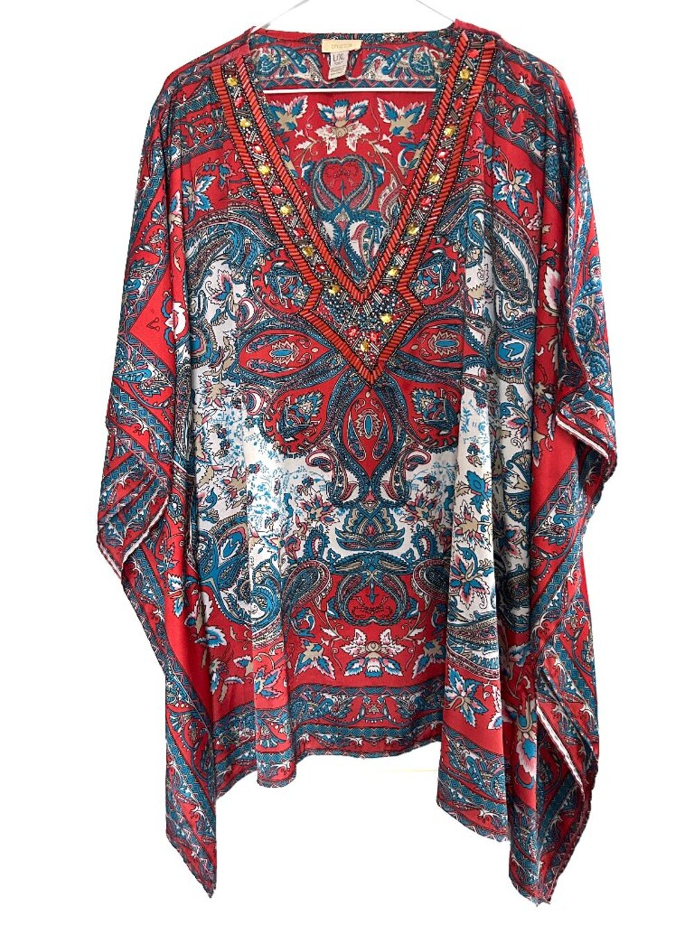Chico's Beaded Boho Poncho Embellished Top Red Orange Paisley Swim Coverup L/XL